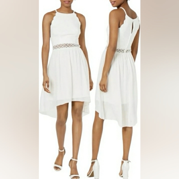 BCX DRESS Junior White Lace Keyhole Sleeveless Halter Knee Length Hi-Lo Dress, 9 - Picture 2 of 16